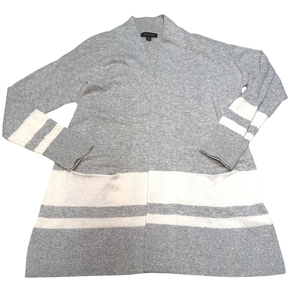 Ann Taylor Womens Gray‎ Ivory Striped Open Front Wool Blend Cardigan Sweater S